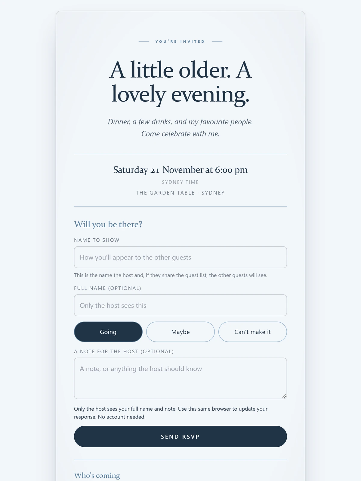 An invitation with an RSVP form on a tablet