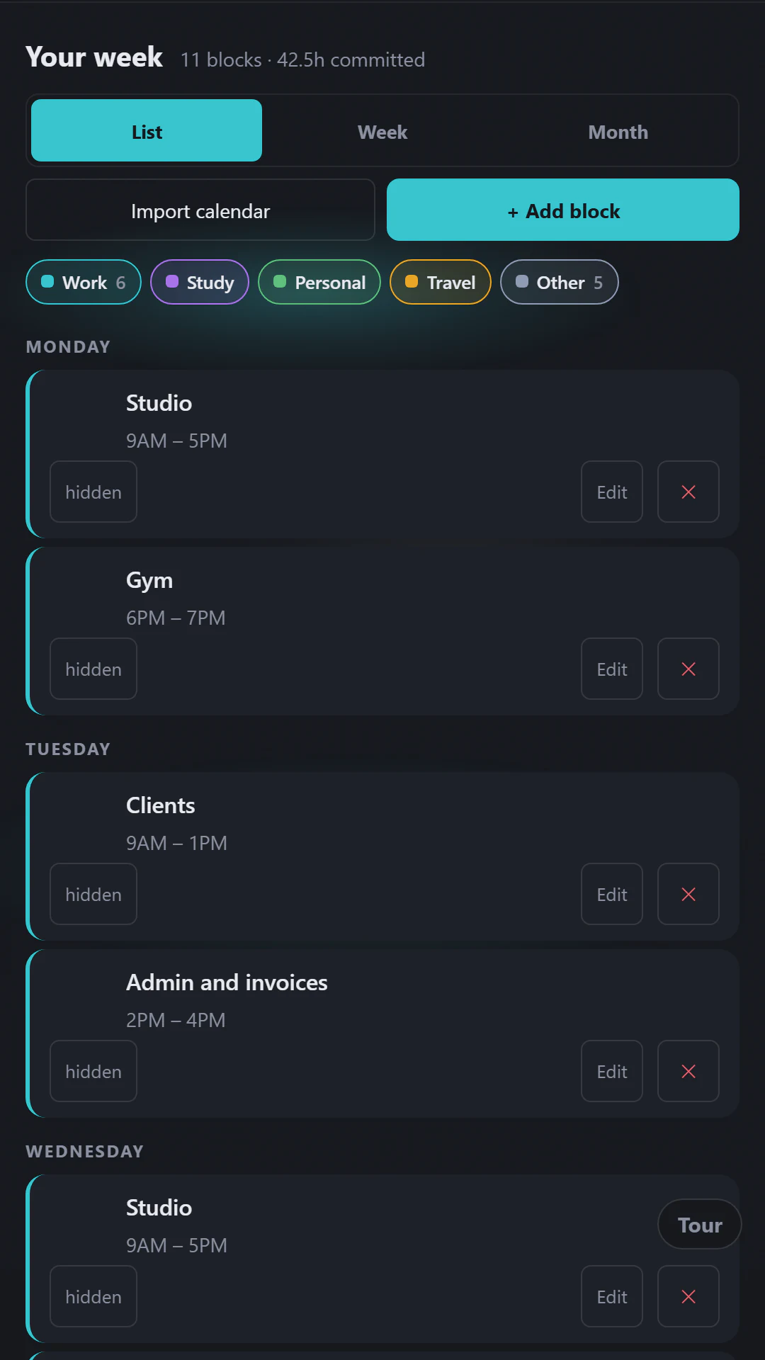 A week of blocks: studio, gym, clients